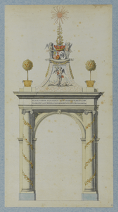 32441 Afbeelding van een zijde van een erepoort met de wapens van prinses Wilhelmina van Pruisen en prins Willem V, ...